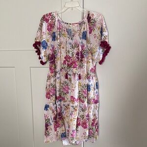 Matilda Jane Pink, Blue & Green Floral Cotton Tiered Dress with Pom Trim